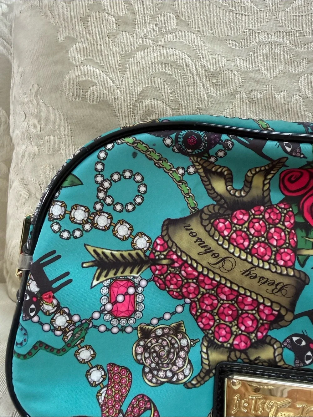 Betsey Johnson Teal Printed Cosmetic Case with Jewel & Rose Motif